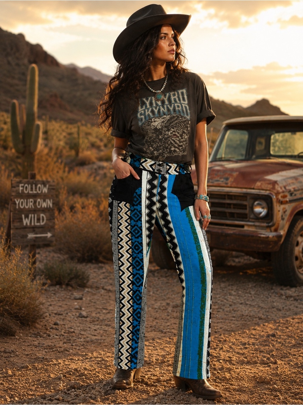 Woodin Mixed Print Tribal Geometric Pants Womens Large Western Whacky Rodeo - Picture 2 of 16